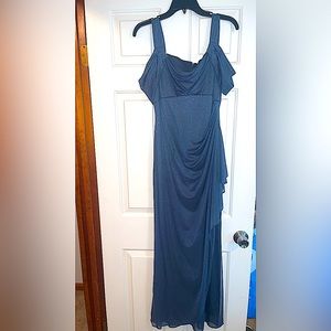 Alex Evenings Silver/grayish glittery long gown with a side slit/off the shldr